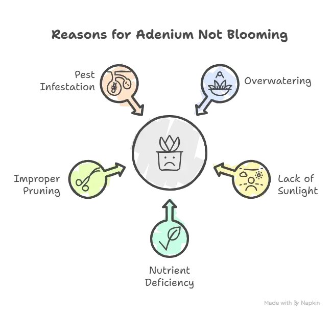 why your desert rose plant isn't blooming: expert guide for adenium care 1 infographic showing reasons adenium plants don't bloom.