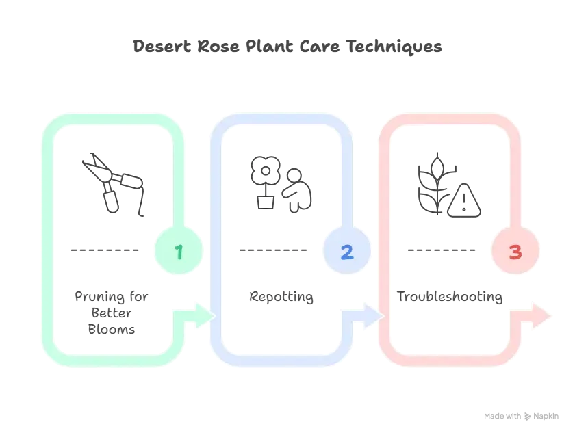 why your desert rose plant isn't blooming: expert guide for adenium care 3 infographics showing adenium plant care techniques